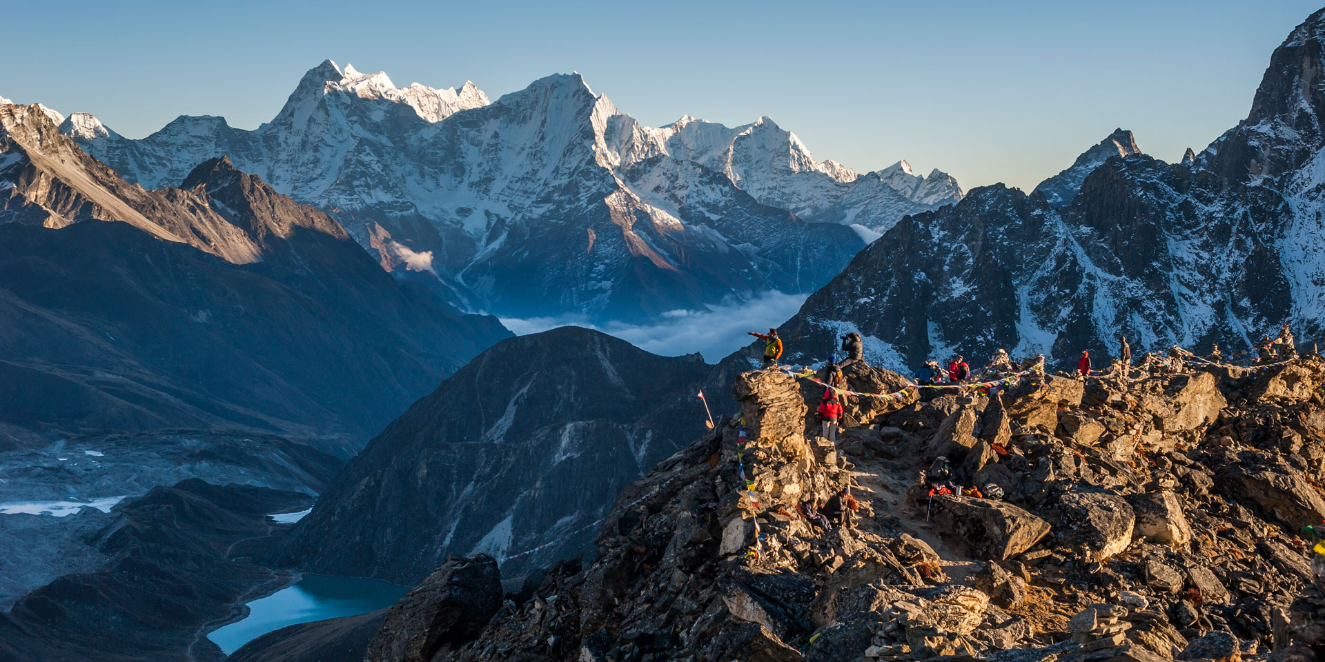 Group of trekkers on Gokyo Ri above Gokyo in the Khumbu region of Nepal