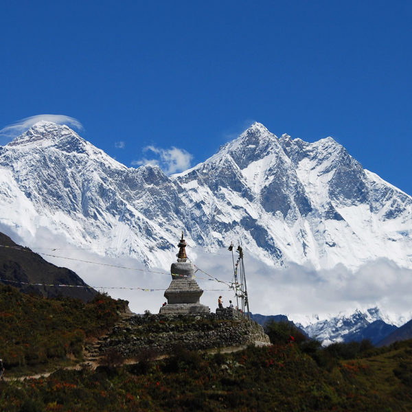 View to Everest and Lhotse from the Memorial stupa close to Namche bazaar on the main trails to Everest BC