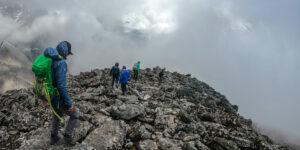 Heading down from acclimatisation hike at Tangnag on the Mera Peak trail in Nepal
