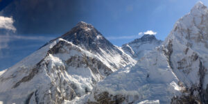 Mt Everest, Lhotse and Nuptse seen from a helicopter in the Khumbu region of Nepal
