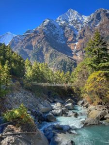 View to the south from the old Swargadwari bridge. Lamjung Himal in the background. On the Annapurna circuit in Nepal