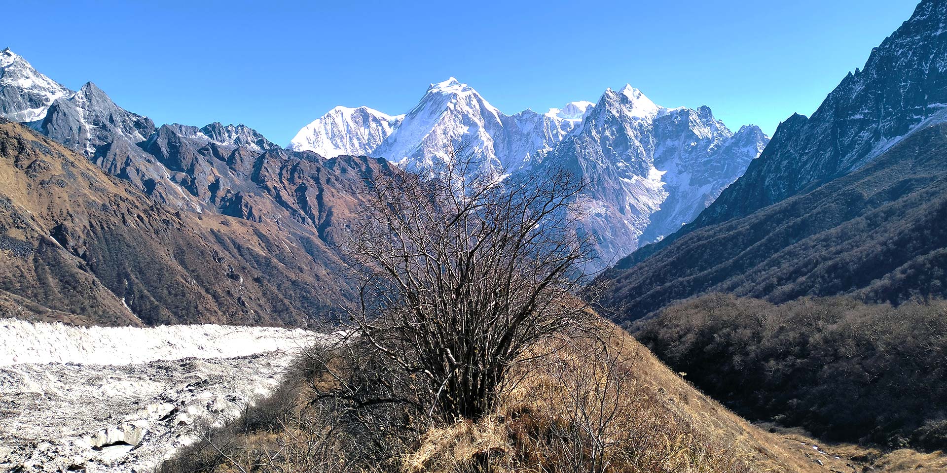 Great view from the Surti glacier the peaks are Manaslu North 7157m, Manaslu 8163m, Thulagi Peak 7059m and Phungi Himal 6538m. This is a side valley to the Manaslu circuit trek in Nepal