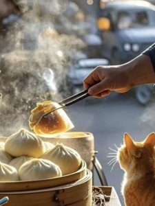 A cat keeping a close eye on some steamed delights in Jinli Food Street Chengdu, China